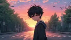 Anime Boy Walking Home Under Orange Sky
