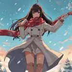 Anime Girl Holding Scarf in Winter Wind