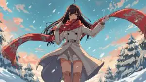 Anime Girl Holding Scarf in Winter Wind