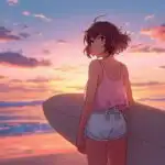 Anime Girl Sunset Surfboard Beach