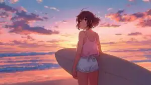 Anime Girl Sunset Surfboard Beach