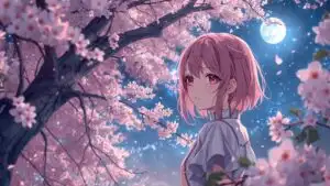 Anime Girl Under Cherry Blossoms Moonlight