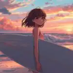 Anime Surf Girl Ocean Sunset Aesthetic
