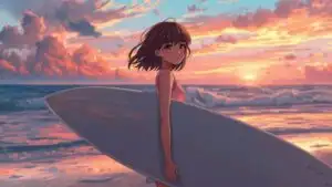 Anime Surf Girl Ocean Sunset Aesthetic