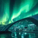 Aurora Borealis Glowing Over a Futuristic Lab