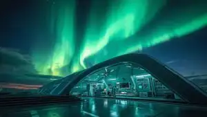 Aurora Borealis Glowing Over a Futuristic Lab