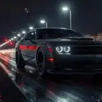 Black Muscle Car Racing at Night on Wet City Street