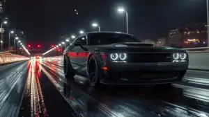 Black Muscle Car Racing at Night on Wet City Street