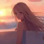 Blonde Anime Girl Surfboard Sunset Beach