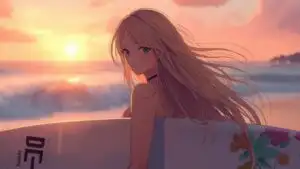 Blonde Anime Girl Surfboard Sunset Beach