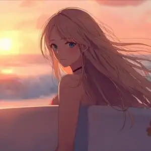 Blonde Anime Girl Surfboard Sunset Beach