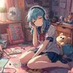 Blue Hair Anime Girl Relaxing with Headphones