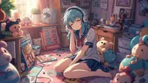 Blue Hair Anime Girl Relaxing with Headphones