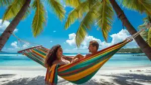 Couple In Hammock Beach Palm Trees Shade Relax