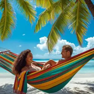 Couple In Hammock Beach Palm Trees Shade Relax