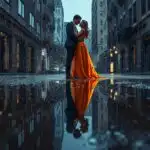 Couple Kissing Rain Puddle Reflection Street Urban