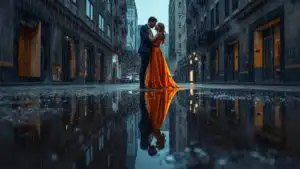 Couple Kissing Rain Puddle Reflection Street Urban