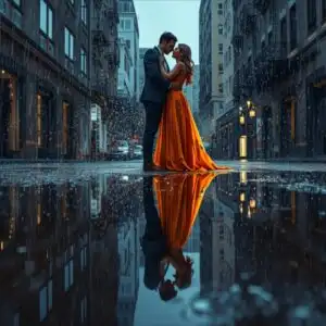 Couple Kissing Rain Puddle Reflection Street Urban