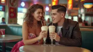 Couple Sharing Milkshake Retro Style