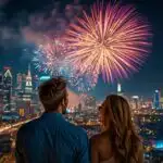 Couple Watching Fireworks City Skyline View Celebration