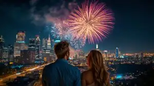 Couple Watching Fireworks City Skyline View Celebration