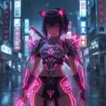 Cyberpunk Neon Samurai Girl in Rainy City Night