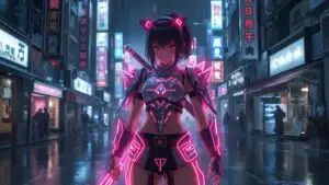 Cyberpunk Neon Samurai Girl in Rainy City Night