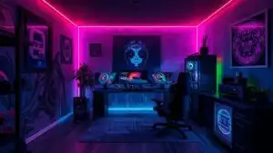 Dark Neon Gamer Room With LED Strips