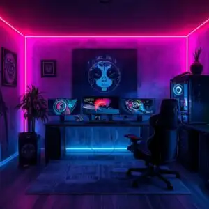 Dark Neon Gamer Room With LED Strips