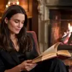 Demi Moore Reading Beside a Fireplace