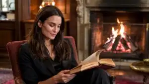 Demi Moore Reading Beside a Fireplace