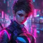 Futuristic Neon Warrior Girl with Katana in Cyberpunk Street