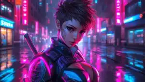 Futuristic Neon Warrior Girl with Katana in Cyberpunk Street