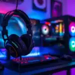 Gaming Headset Hanging Next to RGB PC