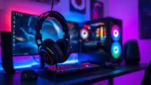 Gaming Headset Hanging Next to RGB PC