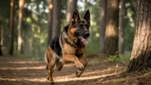 German Shepherd Running Through Forest