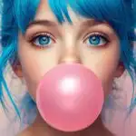 Girl With Blue Hair Blowing Bubblegum