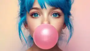 Girl With Blue Hair Blowing Bubblegum