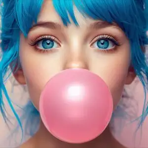 Girl With Blue Hair Blowing Bubblegum