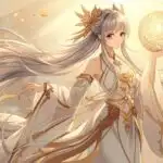 Golden Ethereal Anime Girl Holding Light Orb with Flowing Hair