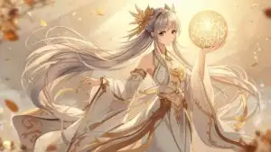 Golden Ethereal Anime Girl Holding Light Orb with Flowing Hair
