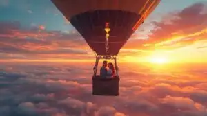 Hot Air Balloon Sunrise Couple Flying High Dream