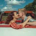 Kiss in Retro Convertible Car
