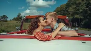 Kiss in Retro Convertible Car