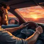 Man Driving Car Sunset Hands Wheel
