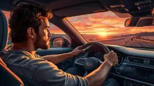 Man Driving Car Sunset Hands Wheel