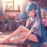 Manga Girl Sitting on Floor Listening to Music