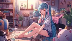 Manga Girl Sitting on Floor Listening to Music