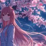 Manga Girl Standing Under Cherry Blossoms Night
