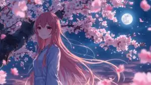 Manga Girl Standing Under Cherry Blossoms Night